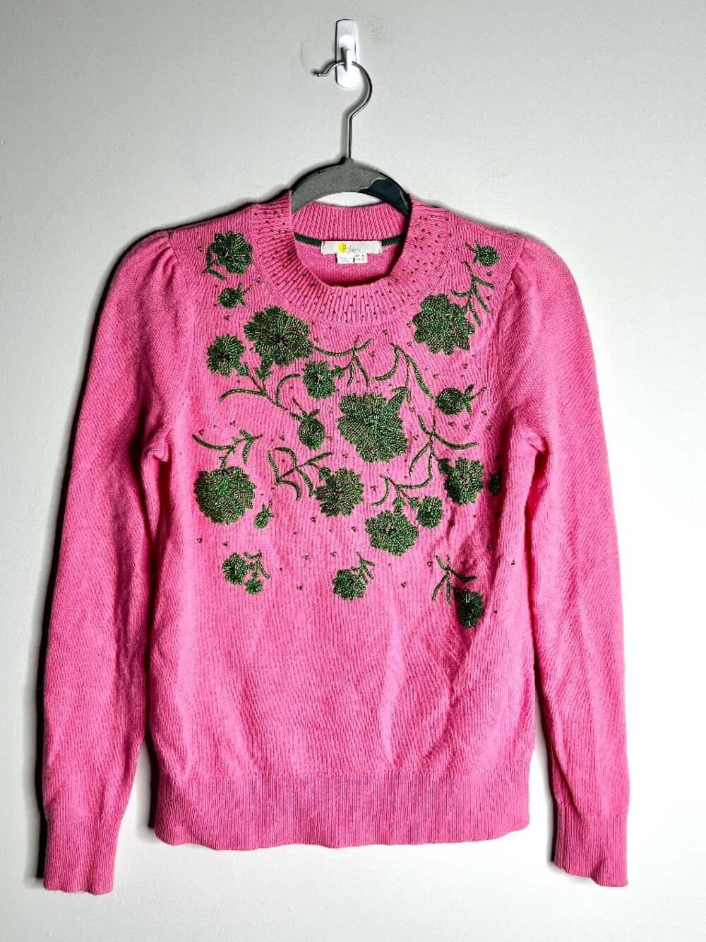 Boden Pink Sweater with Green Floral Embroidery